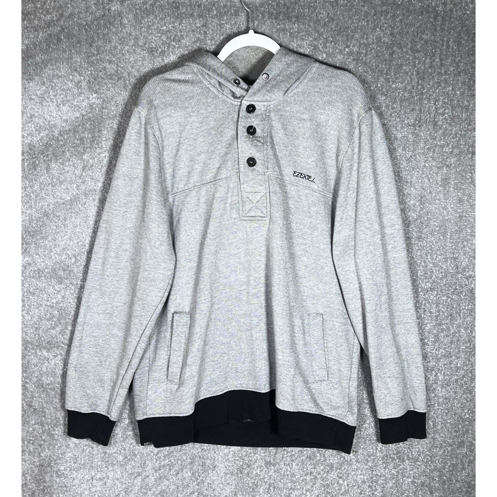 Ezekiel Three Button Hoodie Mens Size XL Gray Black Long Sleeve Pockets
